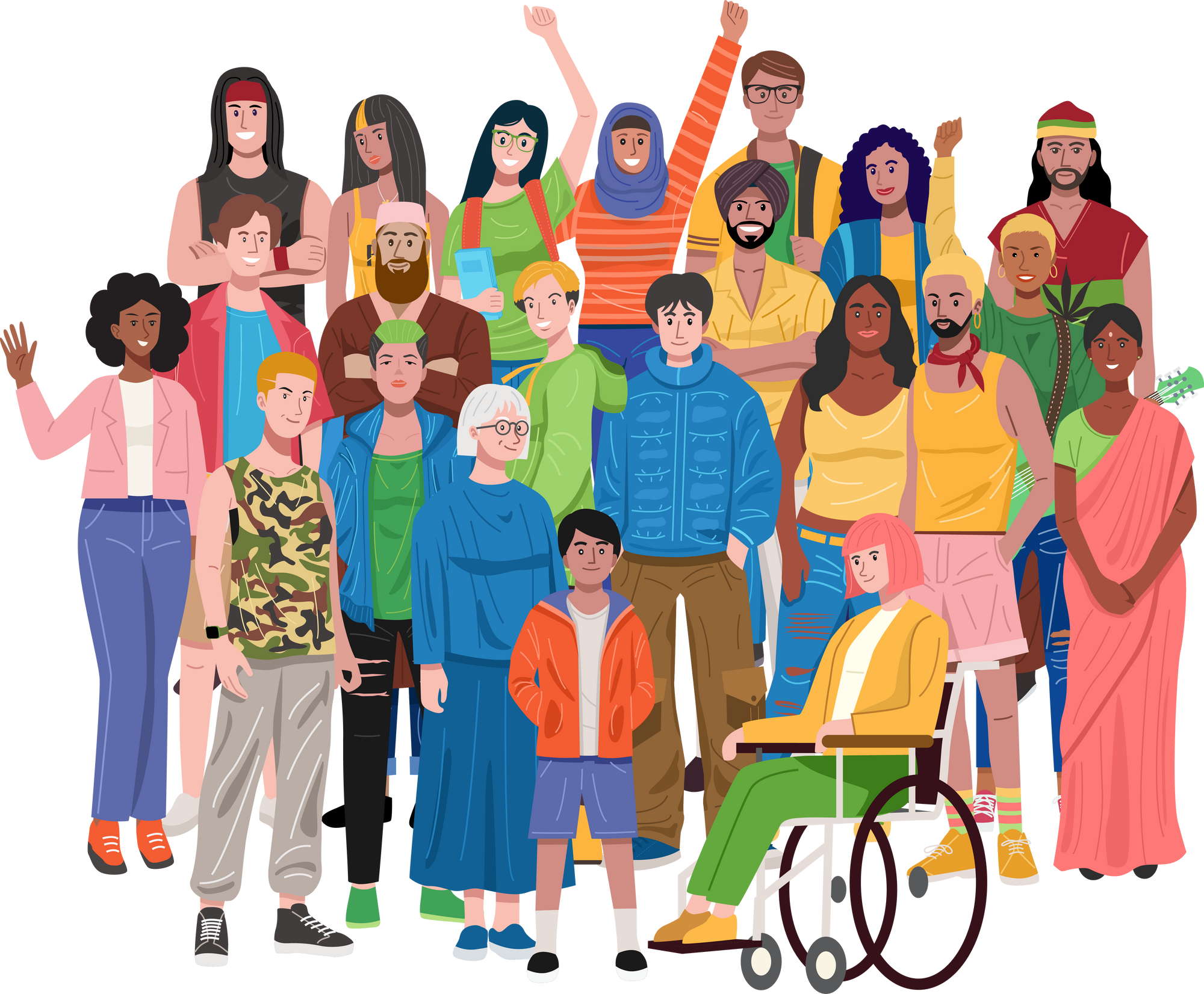 Illustration of group of multiethnic diverse people standing.